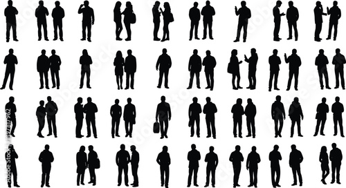People silhouette collection showing men and women standing talking walking isolated on white background business and social concept