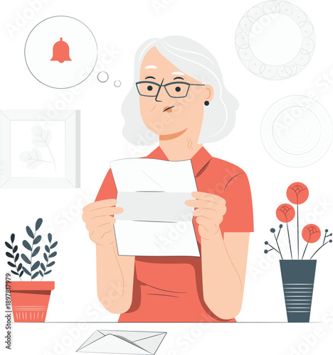 An elderly woman reading a letter with a thoughtful expression surrounded by plants and decorations indoors