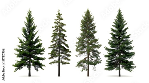 Four tall evergreen pine trees in winter snowstorm isolated on white background minimalist illustration