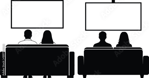 Two couples watching television in a modern living room with large screens