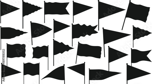 Flag silhouettes collection set, waving pennant banner shapes, abstract nature wind symbols, black illustration isolated on white background