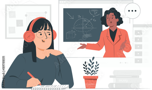 Young adult woman studying with headphones and notebook near potted plant while teacher explains on blackboard in educational setting