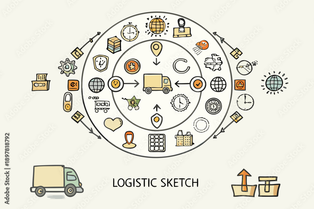 Fototapeta premium Colorful circular infographic depicting logistics and global delivery processes