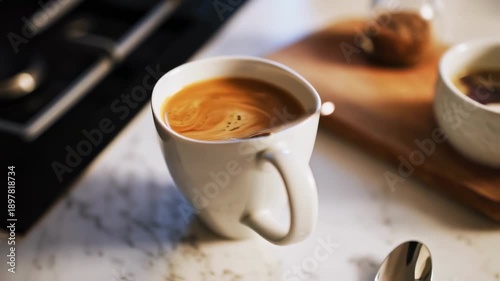 Close-up of a white mug filled with a warm beverage, possibly coffee or tea, with a spoon inside, resting on a light-colored surface next to another blurred mug and a wooden board in the background, .