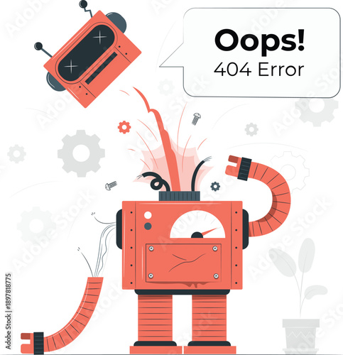A cartoon robot experiencing a malfunction with a 404 error message displayed