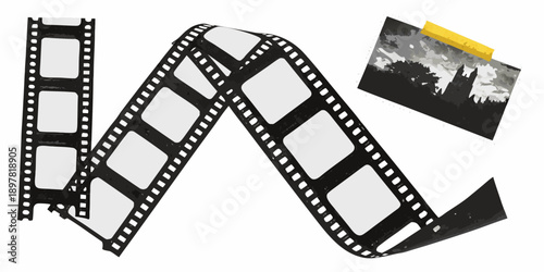 Film strip with a photograph attached by tape isolated on white