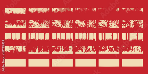 Abstract arrangement of rectangular textured shapes on a red background