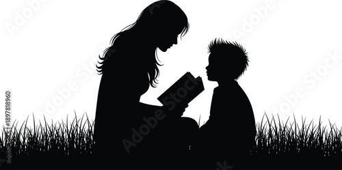 Silhouette mother reading storybook to young child outdoors in peaceful nature family bonding moment at sunset evening illustration concept education