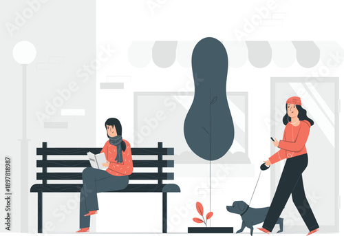 Woman walking dog past seated woman on bench in urban setting