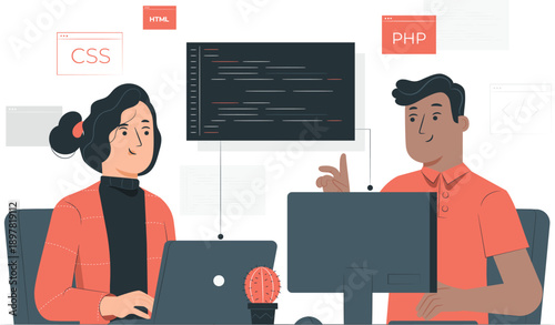 Two developers collaborating on coding project with CSS and PHP on their screens in an office environment from a front viewpoint