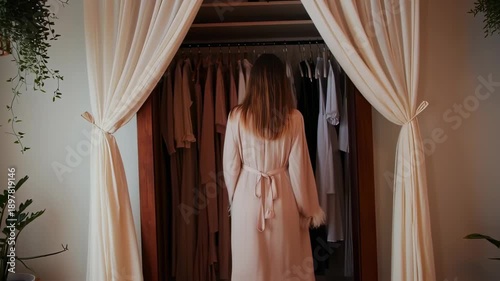 Woman in a flowing dress walks towards a closet filled with clothes, surrounded by elegant drapes and lush houseplants, creating a serene and stylish atmosphere.