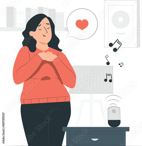 Woman enjoying music from a wireless speaker on a nightstand in a cozy bedroom with a loving gesture