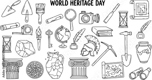 World Heritage Day Line Art: Archaeological Tools, Ancient Artifacts, Globe, Camera, and Columns