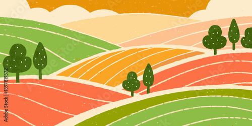 Stylized landscape illustration featuring rolling hills and sparse trees