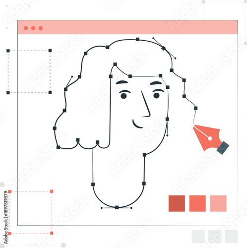 A digital illustration of a person's face being edited with graphic design software tools and a cursor hovering nearby