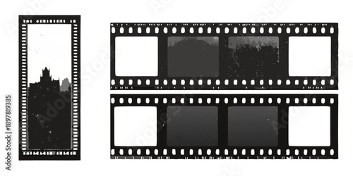 Black and white film strip with blurry city and abstract images