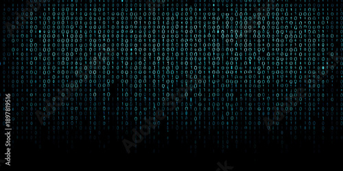 Abstract digital background with cascading binary code and dark tones