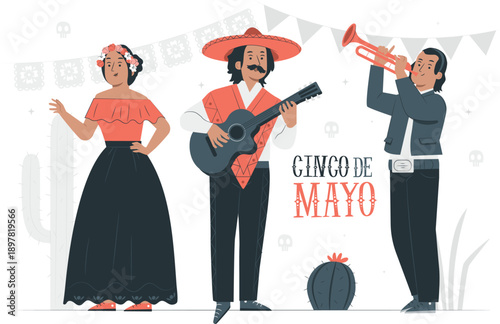 Vibrant celebration of Cinco de Mayo with traditional Mexican dancers and musicians in festive attire performing lively music and dance