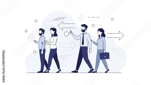 Business Team Following Leader Direction, Teamwork, Strategy, Flat Design