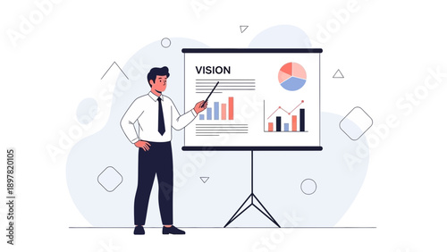 Businessman presenting vision and strategy with charts on a whiteboard