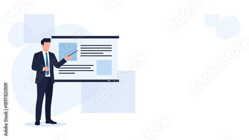 Businessman presenting on a digital whiteboard, corporate meeting, modern presentation