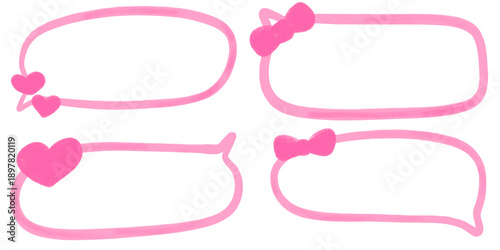 Set of pink cute bubble chat with ribbon in different shape for design element, stickers. Aesthetic speech bubble.