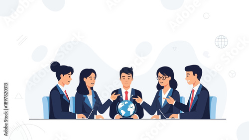 Diverse business team around table discussing global strategy with earth globe illustration
