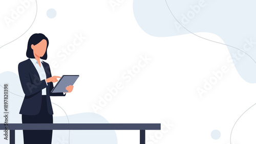 Businesswoman using tablet at desk, modern office background with abstract shapes
