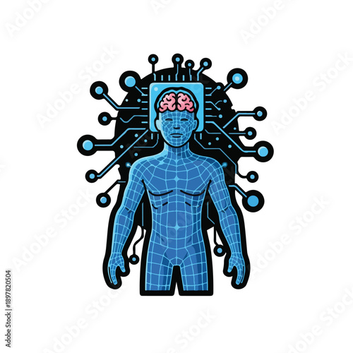 A humanoid figure with a brain and circuit board