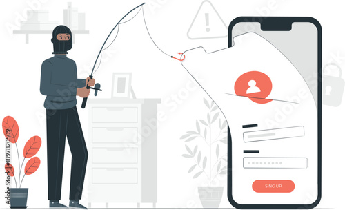 Cyber attacker using phishing tactics to steal personal data from unsuspecting victim's mobile device