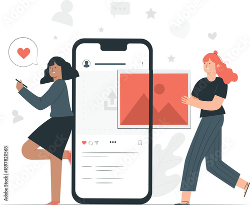 Two women interacting with a large smartphone displaying a social media interface with likes and comments