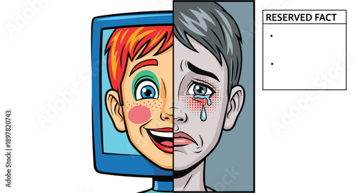 Cartoon faces with contrasting happy and sad emotions on screen
