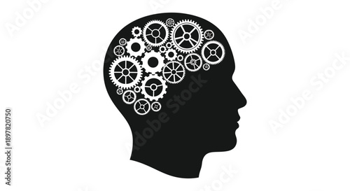A black silhouette of a human head is filled with numerous interlocking white gears representing thought high quality