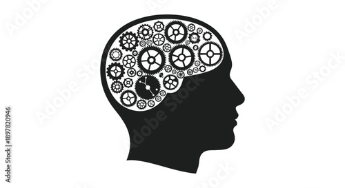 A striking silhouette of a human head reveals intricate gears within symbolizing thought and mechanical processes high quality