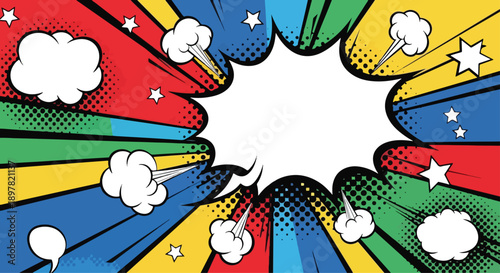 Colorful comic speech bubbles and stars on transparent background