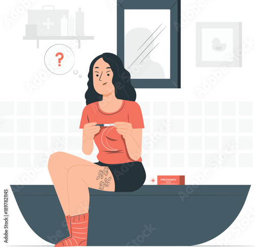 A young woman sits on a bathtub edge, puzzled, holding a menstrual cup in a bathroom setting with a thoughtful expression from a slightly elevated viewpoint