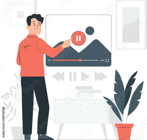 Man controlling video playback on screen in a modern living room setting