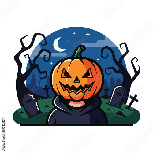 A jack-o'-lantern-headed figure in a graveyard at night