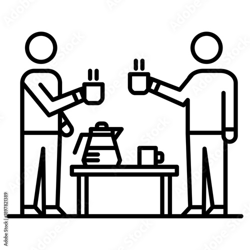 Office Breakroom Scene and Stationery Line Art Icons