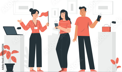 Three colleagues interacting at a modern office workstation with digital devices and a flag illustration