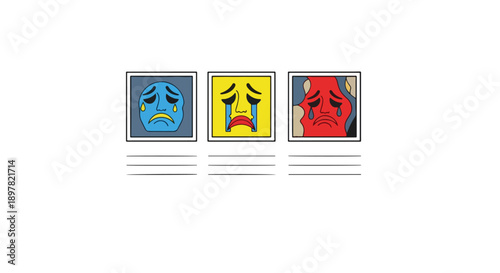 Crying sad faces in different colors isolated on white background
