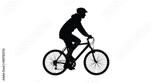 A stark silhouette depicts a cyclist in motion riding a mountain bike against a bright white background