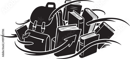 Black and white illustration of books and briefcase swirling