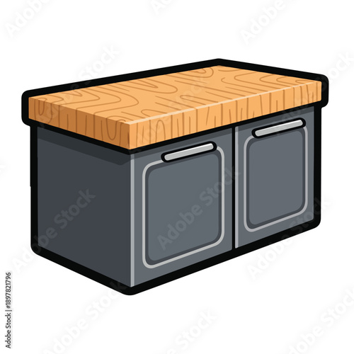 A kitchen island with wooden countertop