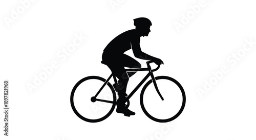 A stark silhouette depicts a cyclist in motion leaning forward on a bicycle with a focused posture