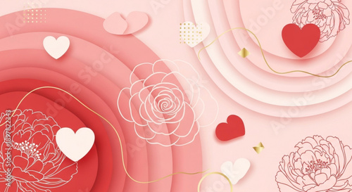 Valentine's day background with pink and red hearts flowers and gold accents for love and romance concepts
