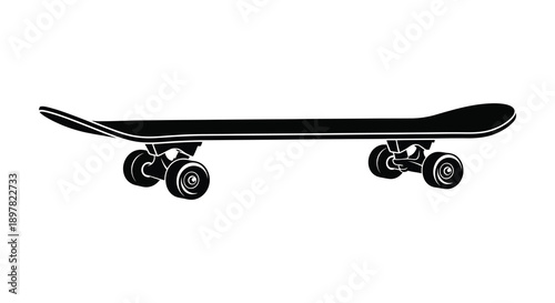 A simple black silhouette depicts a standard skateboard with four wheels showcasing its curved deck and trucks