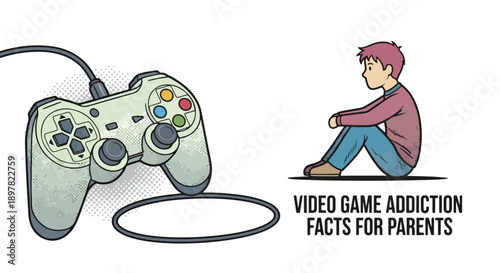 Video game addiction facts for parents illustrated with a cartoon character