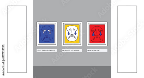 Wall with three paintings of sad faces in different colors