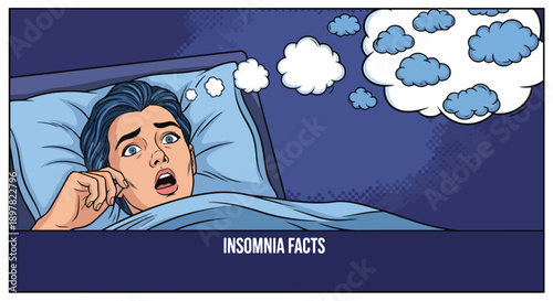 Woman lying in bed awake with thought bubbles above her head